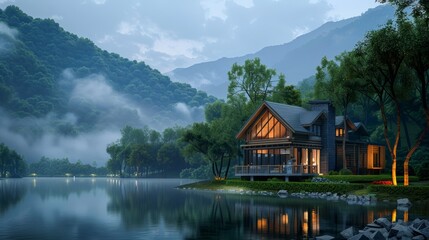 Fototapeta premium Serene Lake House Surrounded by Trees and Misty Mountains in Forest.