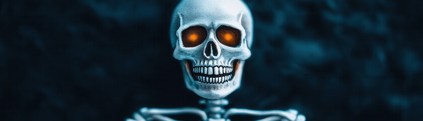 Fototapeta premium A spooky skeleton costume with intricate bone details, glowing softly under streetlights during trick-or-treat, done in watercolor