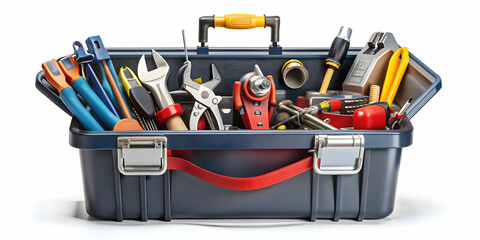 Isolated plumber toolbox with various tools inside, plumber, toolbox, isolated,equipment, wrench, repair, maintenance