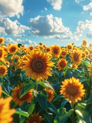 Obraz premium Vibrant sunflower field under a blue sky with fluffy clouds.