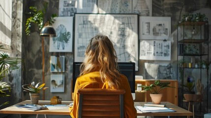 Woman working at a creative desk with plants and design sketches in a bright office.