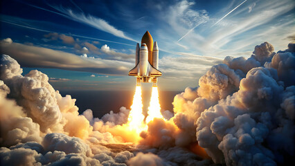 Naklejka premium Space shuttle launching into space with clouds and blue sky in background, space shuttle, launch, outer space