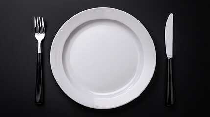 An empty plate with a fork and knife lies on a sleek black background, awaiting the next meal.
