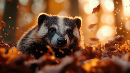 A charming raccoon peers out from the forest foliage amidst the backdrop of autumn leaves, embodying curiosity and an intimate connection with its natural habitat.