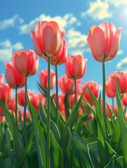 Obraz premium Bright pink tulips blooming under a clear blue sky, showcasing nature's beauty.