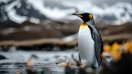 Fototapeta premium A solitary penguin stands by the river in an icy environment, conveying the tranquility and resilience of wildlife in cold climates through a poignant composition.