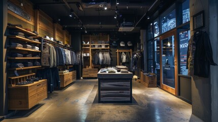 Stylish and Modern Clothing Boutique Interior with Rustic Decor and Displays