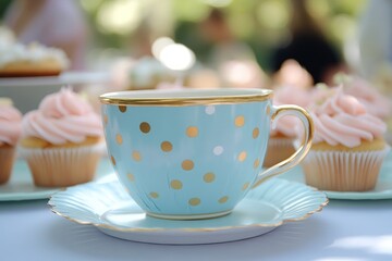 A blue and gold polka dot teacup with a saucer sits on a table with cupcakes.