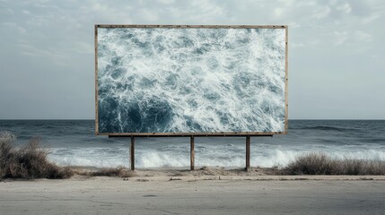 An image of a billboard set against an ocean backdrop, featuring turbulent ocean waves, blending natural elements with modern advertising in a surreal composition.