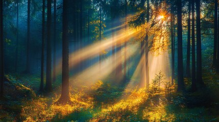 Naklejka premium Sunbeams Breaking Through a Dense Foggy Forest