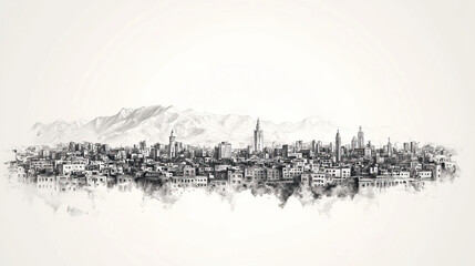 Kabul, Afghanistan, black and white pen pencil hand-drawn effect drawing illustration for travel poster, card, wallpaper, backdrop or banner. Modern, clear, artistic and simple