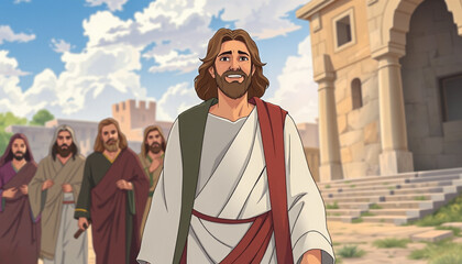 Fototapeta premium Jesus walking with disciples in animated scene