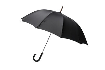 A classic black rain umbrella fully open, showcasing its curved handle and water-resistant canopy isolated on white background