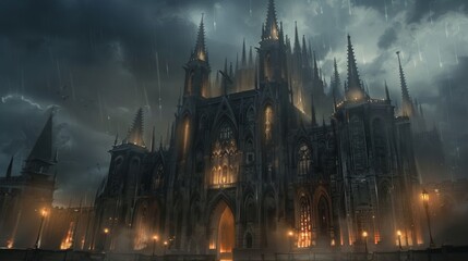 Fototapeta premium Towering Gothic Castle Silhouetted Against Ominous Storm Clouds in Dark Fantasy Landscape