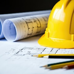 Blueprint floor plan with pencils and hard hat symbolizing architectural project management.