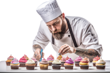 A chef with a focused expression decorates a batch of freshly baked cupcakes , isolated on white background