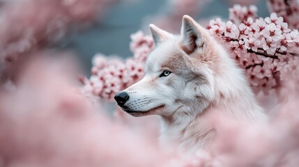 Obraz premium A striking image of a white wolf with piercing blue eyes, set amongst vibrant pink cherry blossoms, this scene beautifully captures the contrast between the wolf and the flowers.