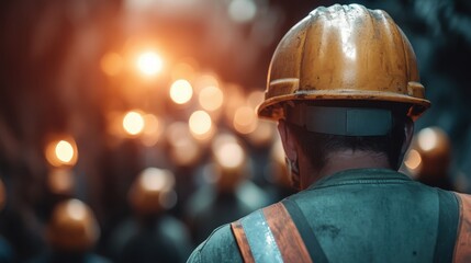 A back view of a miner wearing a yellow hard hat and reflective vest, standing in an illuminated tunnel with other workers visible in the blurred background.