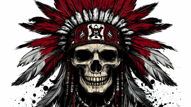 American indian skull with feather hat