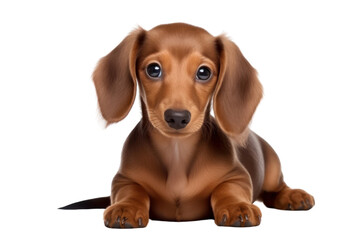 A charming Dachshund puppy with a long body and short legs, playfully looking at the camera . Isolated on white background