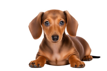 A charming Dachshund puppy with a long body and short legs, playfully looking at the camera . Isolated on white background