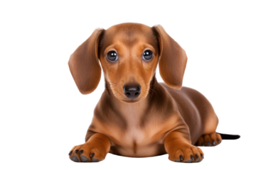 A charming Dachshund puppy with a long body and short legs, playfully looking at the camera . Isolated on white background