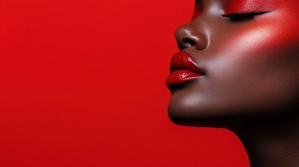 The image displays a subject’s side profile view with an intense red background creating a minimalistic yet striking visual representation, emphasizing contrast and detail.