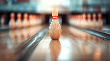 Close-up shot of a solitary bowling pin on a wooden lane, with other pins in a beautifully blurred background, representing focus and the thrill of bowling.
