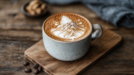 A cup of coffee adorned with beautiful latte art, placed on a rustic wooden surface, exudes warmth, craftsmanship, and a cozy atmosphere perfect for relaxation.