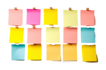 A bulletin board covered with sticky notes of different sizes and colors arranged chaotically isolated on white background