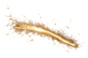 A brightly burning sparkler in full motion, with dynamic streaks of light and a flurry of sparkling trails, isolated on white background