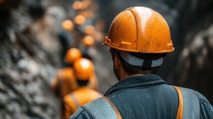 Construction workers in a line, each wearing an orange helmet, are seen proceeding together, showcasing orderly teamwork, unity, readiness, and disciplined industrial endeavor.