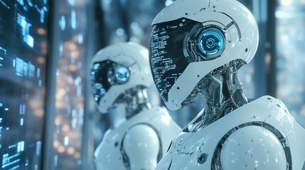 Fototapeta premium Advanced AI-Guided Space Exploration Robots Analyzing Planetary Data in a Futuristic Landscape, Showcasing Cutting-Edge Technology, Data Collection, and Extraterrestrial Research