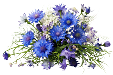 A bouquet of blue wildflowers including cornflowers and bluebells, isolated on white background