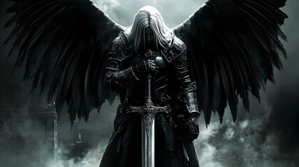 Dark warrior angel with medieval sword. fantasy background. digital ai art