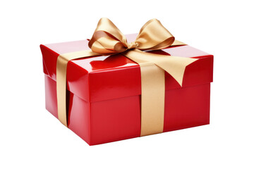 A beautifully wrapped gift box with a shiny red ribbon and bow, placed at a slight angle isolated on white background