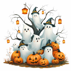 A group of Halloween ghosts are gathered around a tree with pumpkins and lanterns. Scene is spooky and festive white background