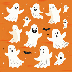 Cute ghosts and orange pumpkins on a white background. Halloween background. Modern illustration. Orange background.