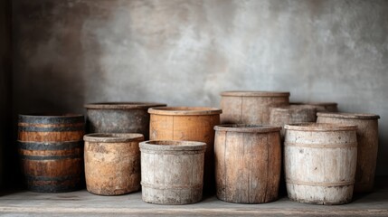 A group of assorted wooden barrels, each showing different degrees of weathering and aging, set on a rustic wooden surface against a textured wall, conveying a sense of history and authenticity.