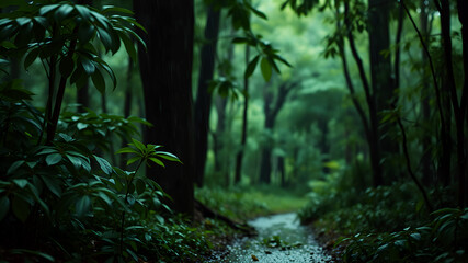 A lush green forest during a light rain shower, with raindrops dripping off leaves and creating small puddles on the forest floor. The scene is filled with earthy tones and a refreshing ambiance, high