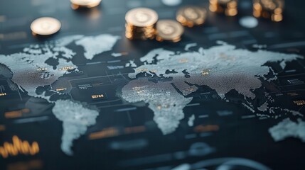 Abstract world map with bonds and currency symbols, global finance, market trends