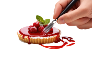 A chef using a fine pastry brush to apply a glossy glaze to a delicate tart, isolated on white background