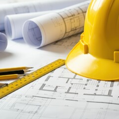 Blueprint floor plan with pencils and hard hat symbolizing architectural project management.