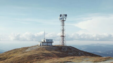 A communication tower stands on a hilltop, surrounded by vast skies and distant mountains, symbolizing connectivity and technology.