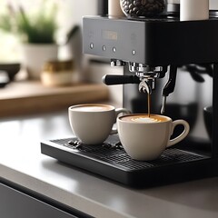 Modern Black Coffee Machine in a Stylish Kitchen with Cup - Sleek Home Appliance Closeup