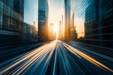 Highway with a sense of speed in the city center at sunrise and sunset
