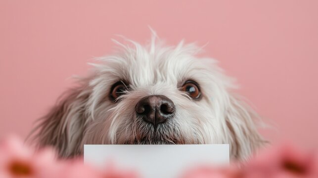 This image shows an adorable white dog against a pink background holding a white card in its mouth, embodying the themes of innocence, affection, and playfulness with a modern touch.