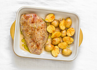 Cooking lunch - raw pickled chicken breast and baby potatoes in a baking dish on a light background, top view