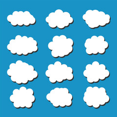 white vector cloud shape set design on blue background  