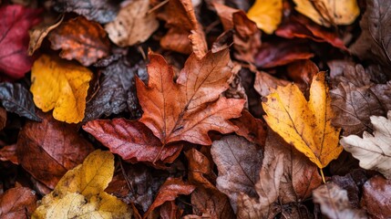 Fototapeta premium A diverse array of autumn leaves in shades of yellow, brown, and red scattered densely on the ground, capturing the essence of the fall season's beauty and change.